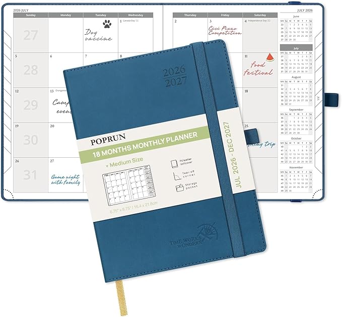 POPRUN Monthly Planner 2026-2027 (Medium- 6.5'' x 8.5'' Soft Cover), 18-Month Calendar Book (Jul.2026-Dec.2027), Calendar Planner with Monthly Tabs & Pocket, 100 GSM Paper - Night Sky Blue