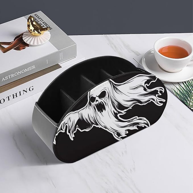 Creepy Ghost Remote Control Holder with 5 Compartments Leather TV Remote Caddy Remote Storage Box Desktop Organizer for Pen/TV Remotes/Media Controllers/Office Supplies