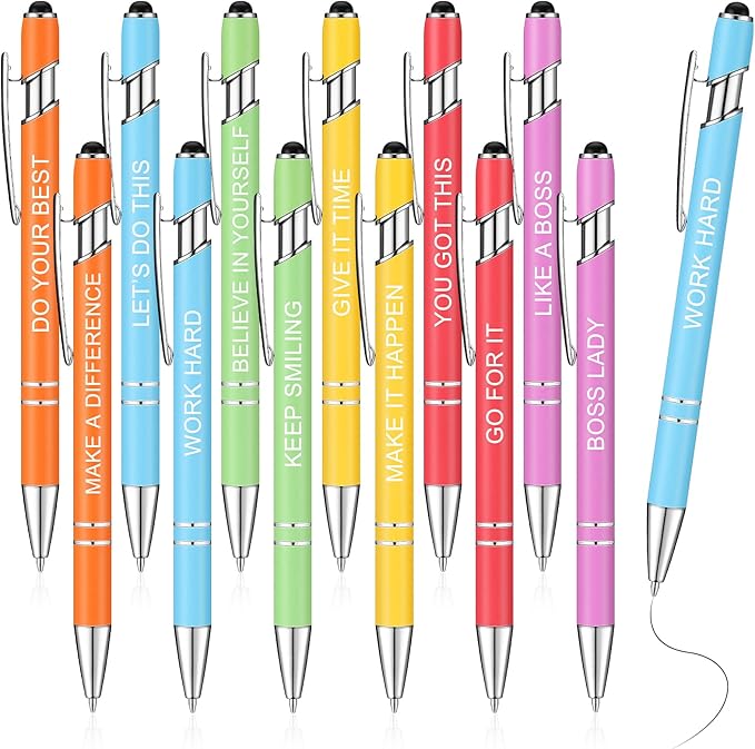 Zonon 12 Pcs Inspirational Pens Gift Set Funny Ballpoint Pen with Stylus Tip Motivational Graduation Gifts Bulk for Teacher Coworkers Nurse School Office Supplies(Macaron,Boss Lady)