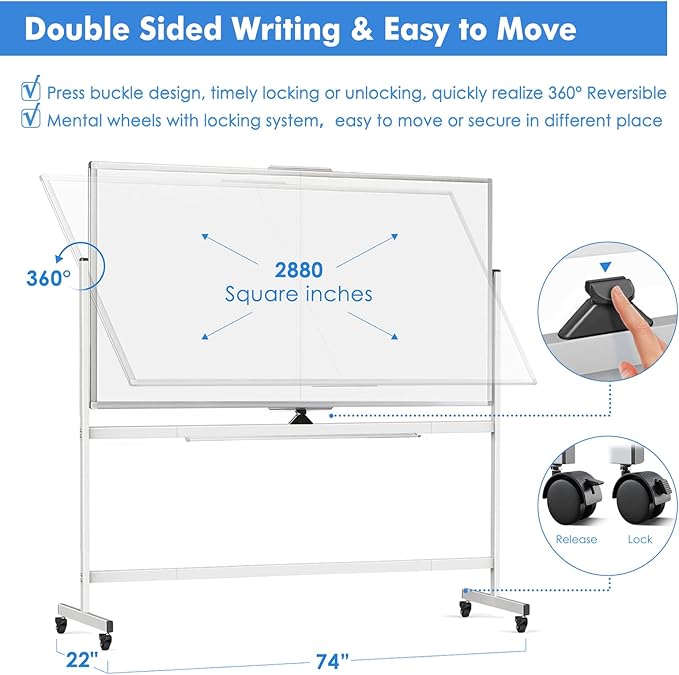 Double Sided Rolling Whiteboard, 72 x 40 Large White Board with Stands, 360° Reversible Magnetic Dry Erase Board on Wheels for School, Classroom, Office