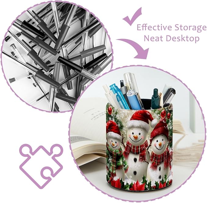 Pencil Holder for Desk, Christmas Snowman Tree Pen Cup Makeup Brush Holder, Leather Desktop Organizer Storage Case Stationery for School Home Office Supplies