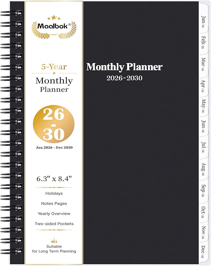 2026-2030 Monthly Planner/Calendar - 5 Year Planner 2026-2030 with Tabs, Jan 2026 - Dec 2030, 6.4" x 8.5", 60 Monthly Calendar, Two-Side Pocket, 9 Notes Pages, Suitable for Long-Term Planning