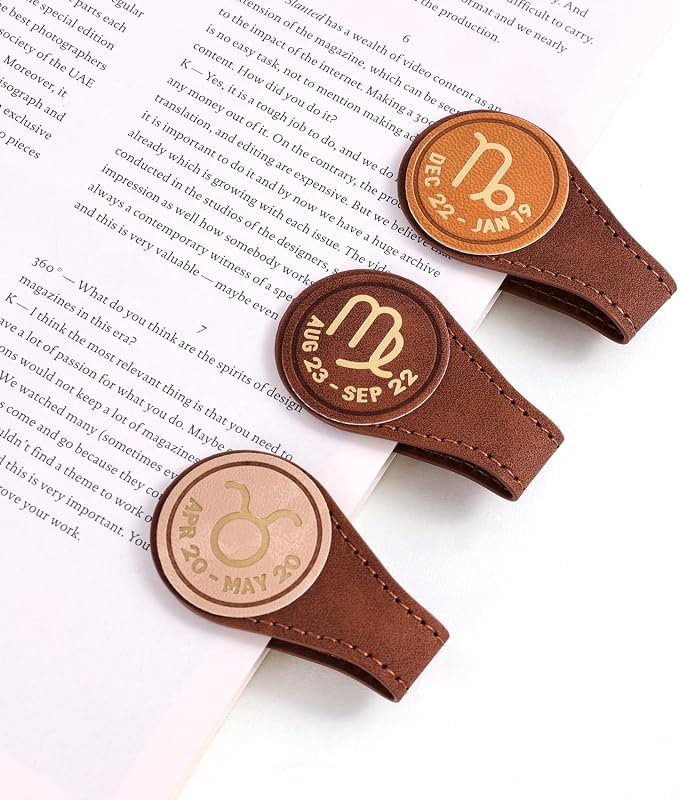 3 PCS Leather Magnetic Bookmark Clips, Zodiac PU Leather Bookmarks for Book Lovers, Full Set of Book Clip Accessories, Earth Sign