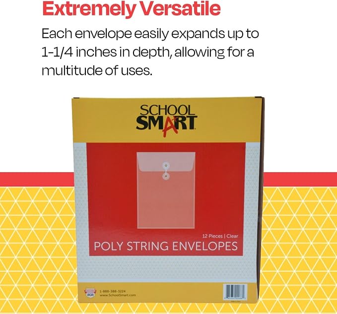 School Smart Top Loading Polypropylene String Envelopes - Letter Size - Pack of 12 - Clear - 082260