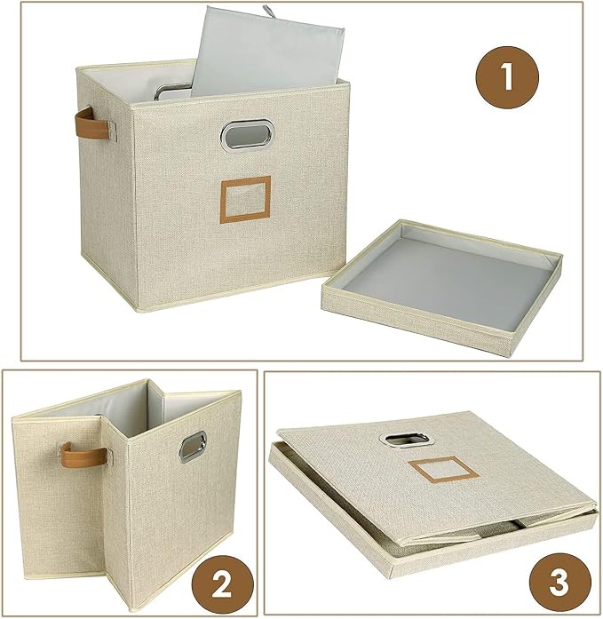 12-Inch Vinyl Record Storage Boxes with Lids and Handles, Stylish and Practical LP Record Organizer for 100+ Single Records, Suitable for Living Room, Study, Concert Hall or Office (Beige, 17"-4 Pack)