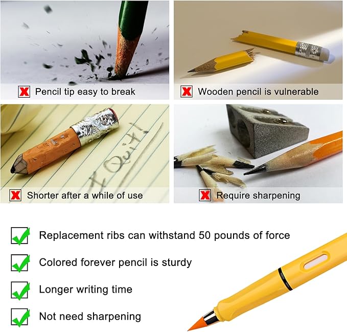 12 Pcs Colored Eternal Pencils with 24 Replacement Nibs, Forever Pencil, Infinity Pencil with Eraser for Writing Drawing and Home Office School Supplies
