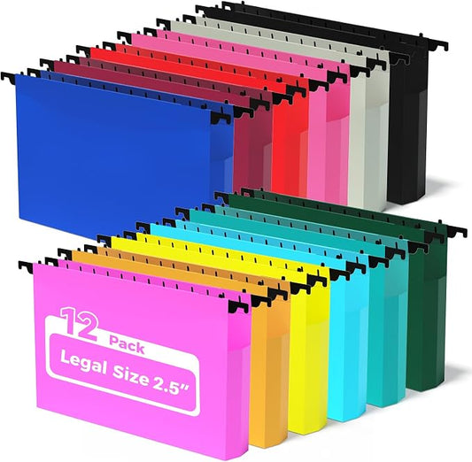 Ansook Legal Size Hanging File Folders, 12 Pack Plastic Legal Size File Folders,Heavy Duty 2.5 Inch Expansion, Extra Capacity Legal Hanging Folders for Office School Home Filing Cabinet