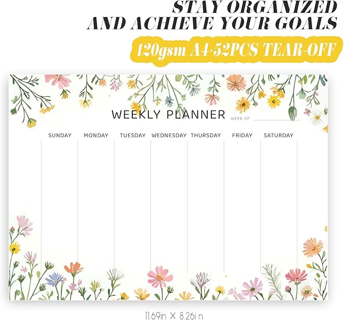 Undated Weekly Planner Notepad, 52 Sheet Tear-Off Weekly To Do List Notepad, Desk Planner Pad Calendar, Blank Calendar for Daily Habit Tracking/Menu Planning(8.26"x11,69")