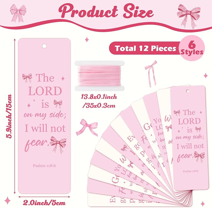 TICIAGA Religious Pink Bow Bookmark - 12PCS Christian Pink Bow Paper Bookmark with Ribbon for Girl Reading Lover, Funny Girl Inspirational Bible Verses Coquette Page Marker for Kids Easter Gifts