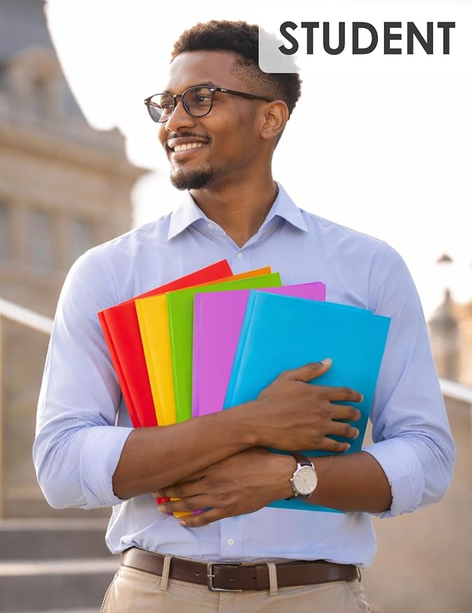 Plastic Pocket Folders with Prongs, Heavy Duty 2 Pocket Poly Folder Set, Bright Assorted Colors, Letter Size 8.5 x 11, Metal Fasteners, Business Card Slot (5, Rainbow)
