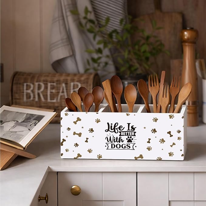 Dog Lover Desk Organizer Wooden Pen Pencil Holder for Desk, 3 Compartments Office Accessories, Life Is Better with Dogs Decor, Dog Lover Gifts for Women Men Home Office Storage