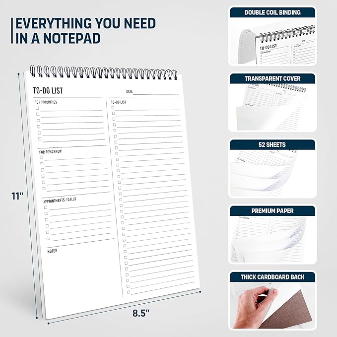 To Do List Notepad 8.5x11" - Has Multiple Functional Sections - Large Size, 52 Sheets - Spiral Daily Planner Notebook - Task Checklist Organizer Agenda Pad for Work, Note and Todo Organization