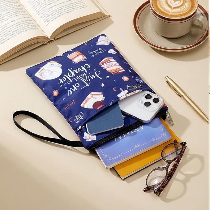 Just One More Chapter Book Sleeve, 11x 8.5 inch Waterproof Book Protector with Zipper and Front Pocket Washable Canvas Paperback Cover for Readers Lovers Gifts Books Accessories Travel Vacation