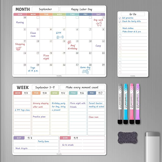 ALEZEL Magnetic Dry Erase Refrigerator Calendar, Dry Erase Calendar White Board Set for Fridge - Magnetic Monthly & Weekly Planner with List Board, 4 Markers + Eraser