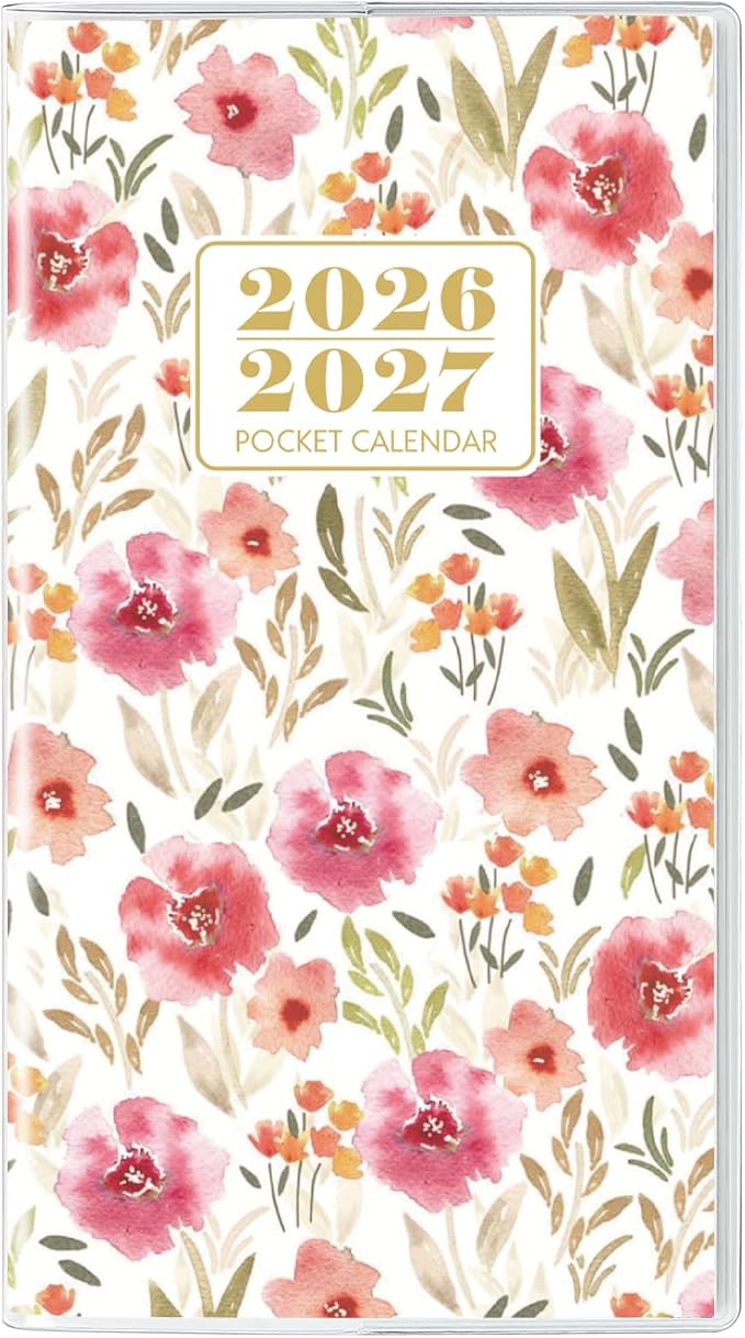 Pocket Calendar 2026-2027, Floral Pocket Calendar -3.7" x 6.7" - Runs from January 2026 until December 2027, Calendar Planner for Purse with PVC Cover for Planning, Organizing and Office