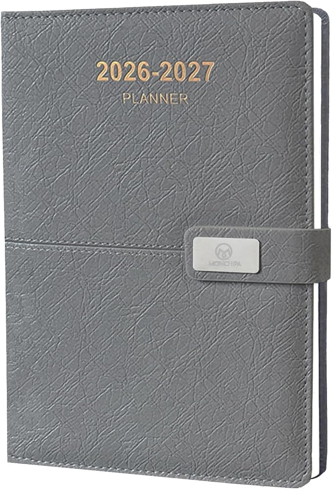 2026-2027 Daily Planner - One Page per Day, 2026-2027 Hourly Daily Calendar(July 2026 - June 2027), 5.7" x 8.26" Appointment Book, Leather Cover + Thick Paper (26-27 Grey)