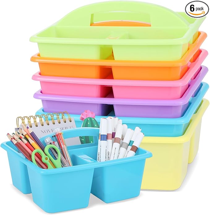 6 Pack Classroom Caddy with Handle Plastic Storage Caddy Organizer with 3 Compartments Desk Caddies Holder Portable Storage Bin for Pencil, Crayon, Marker, Home, Office, School Supply(Colorful)
