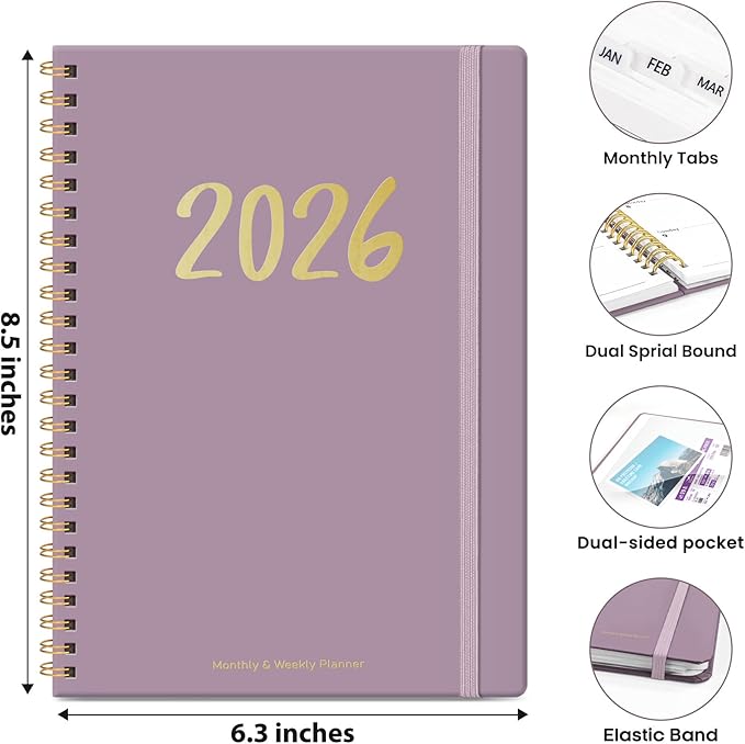 2026 Planner - Weekly and Monthly Planner, January 2026 to December 2026, Spiral Bound 2026 Calendar Planner Book, Inner Pocket, Perfect for Office Home School Supplies - A5 (6.3" x 8.5"), Purple