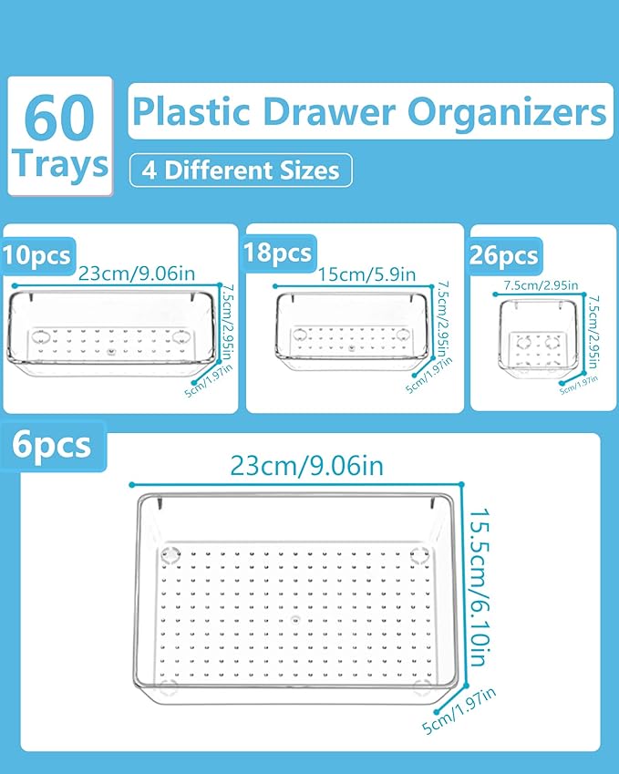 Clear Drawer Organizers Set of 60, 4-Size Vanity Organizer Trays, Stackable Bathroom & Desk Drawer Organizer for Makeup, Jewelry, Kitchen Utensils, Office Supplies and Small Gadgets Storage
