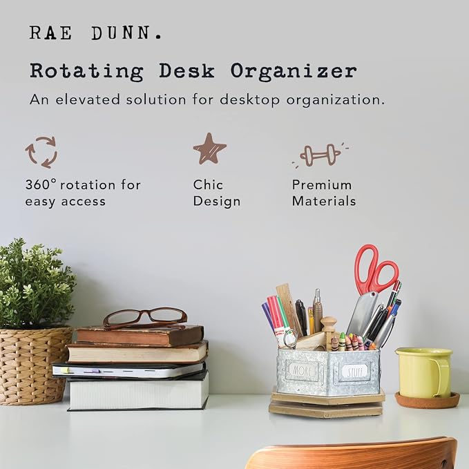 Rae Dunn Pencil Holder Cup - Spinning Metal Pen and Office Supplies 6 Compartment Desktop Organizer Caddy for Office Accessories - Great for Home, School, Classroom, Work - Round Design