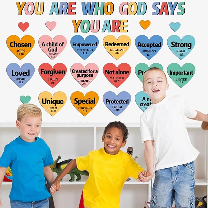 Qyeahkj Christian Bulletin Board Decorations God Says You are Religious Classroom Decor Motivational Heart Paper Cutouts Inspirational Bulletin Board Sets for Sunday School Church Supplies