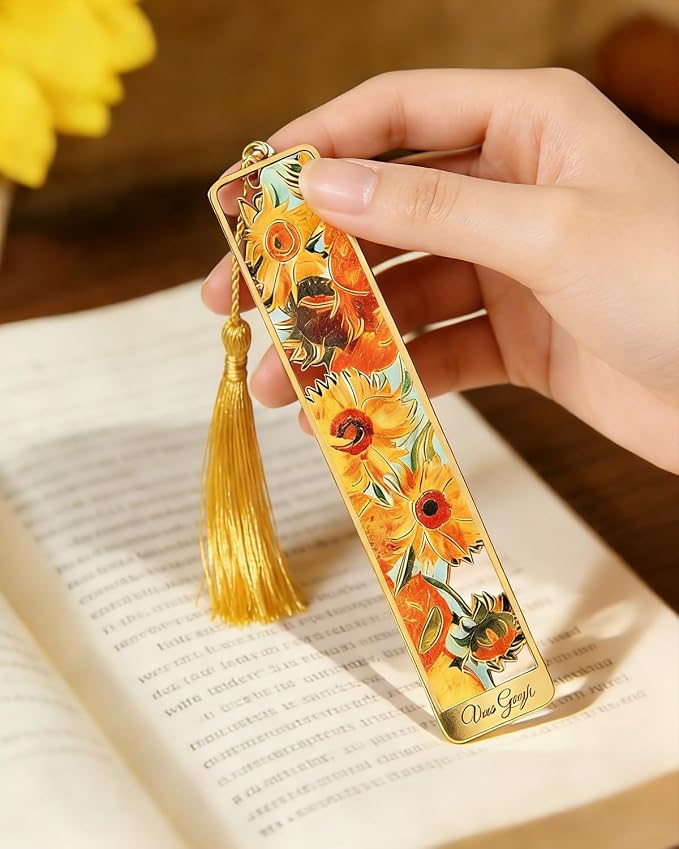 4 Pieces Metal Bookmarks with Tassel, Golden Hollow Bookmark Van Gogh Monet Oil Painting Theme Book Marker for Book Lovers Writers Readers Children Teens Men Women Adults