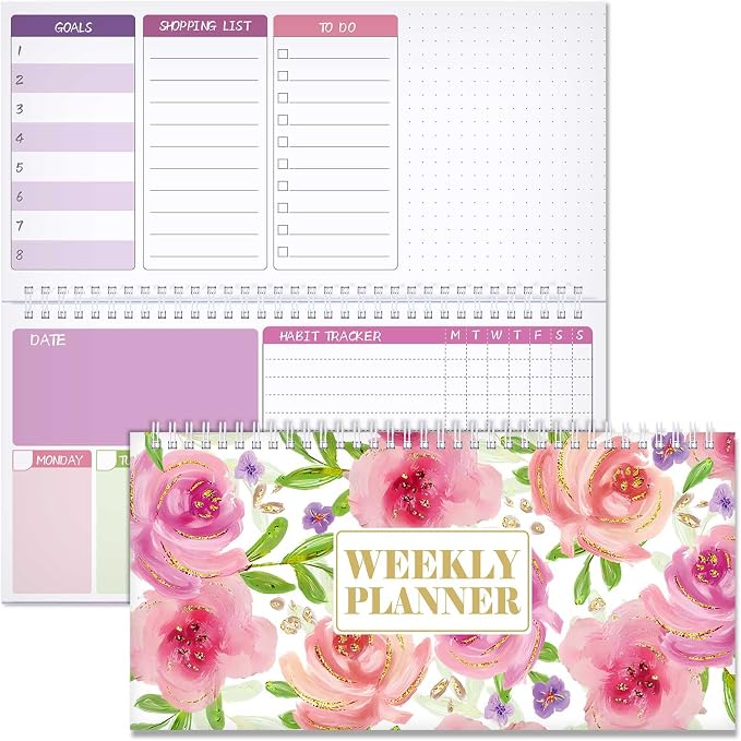 Funrous Floral Undated Weekly Planner 2026 Weekly To Do List Notepad with Goal Shopping Horizontal Desk Calendar Spiral Bound Calendar for Planner Reminder Office School 12 x 6 inch(Classic,Pink)