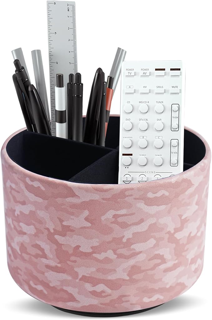 Round Leather Art Supply Organizer,Remote Control Holder,360 Degree Rotating,Multi-Functional Pencil Holder,4 Compartments Desktop Stationary Organizer(1-Camouflage Pink)