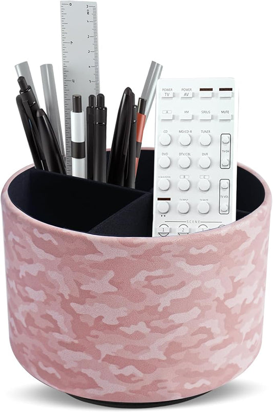 Round Leather Art Supply Organizer,Remote Control Holder,360 Degree Rotating,Multi-Functional Pencil Holder,4 Compartments Desktop Stationary Organizer(1-Camouflage Pink)
