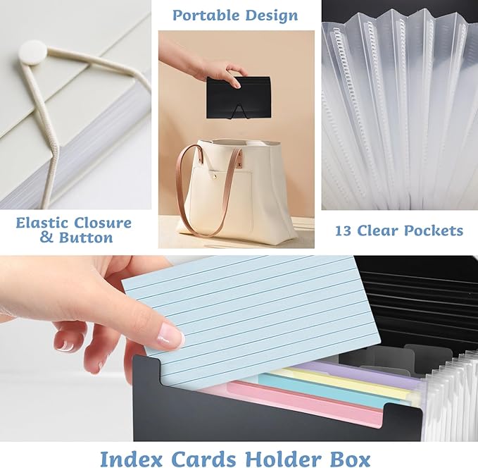 2 Pack 4x6 Inch Index Card Holder Organizer Box 3x5 Inch Flash Note Card File Box Recipe Storage Case with 13+13 Expandable Pocket and Label Sticker Large Capacity Coupon Receipt Organizer Book