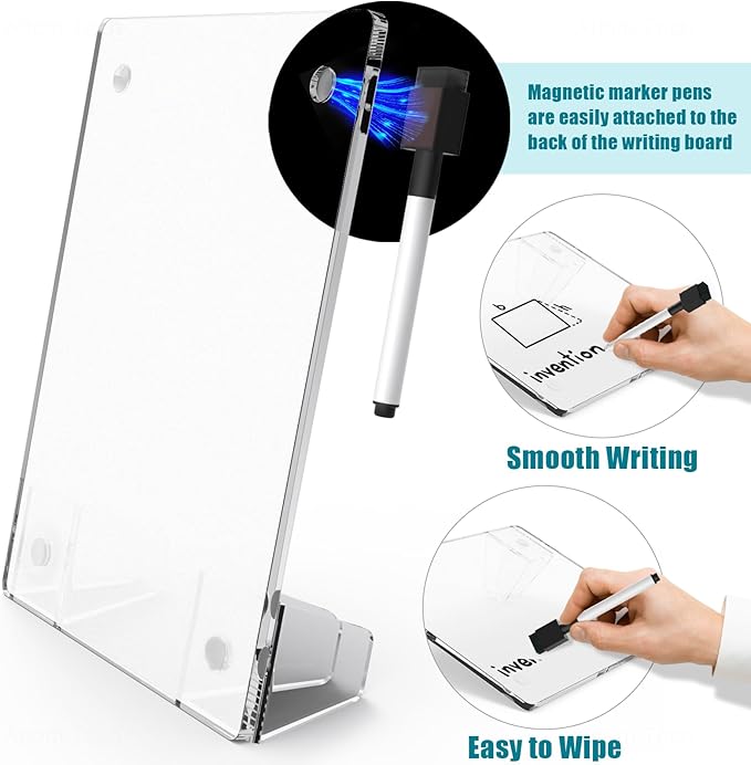 Frosted Acrylic White Board 8x6 Inches, Frameless Desktop Tablet Dry Erase Board with Flexible Magnetic Stand and Markers, Mini Whiteboard Desk Accessories for Home, Office, School