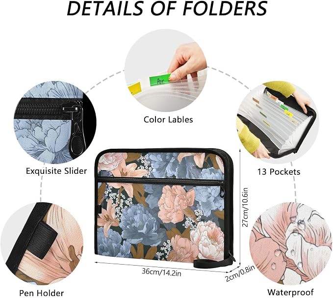 ALAZA Colorful Flowers Expanding Filing Folder, 13 Pockets Expandable Document Organizer Folder with Zipper Closure for Home Office A4 Letter Size Paper Document