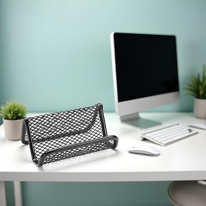 Jinshining Black Business Card Holder, Metal Mesh Business Card Holder, Credit Name Card Case, Office Card Collection Organizers Desk Storage Stand Index Card Filing Products，Desk Accessories