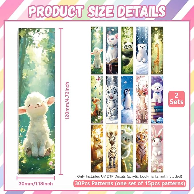 Peacoblue 30pcs UV DTF Bookmarks Transfer Stickers Wraps Animal and Scene for Women Men Reading, Waterproof Bookmarkers Decal(No Blank Bookmarks) for Acrylic Plastic Metal Blank Bookmark