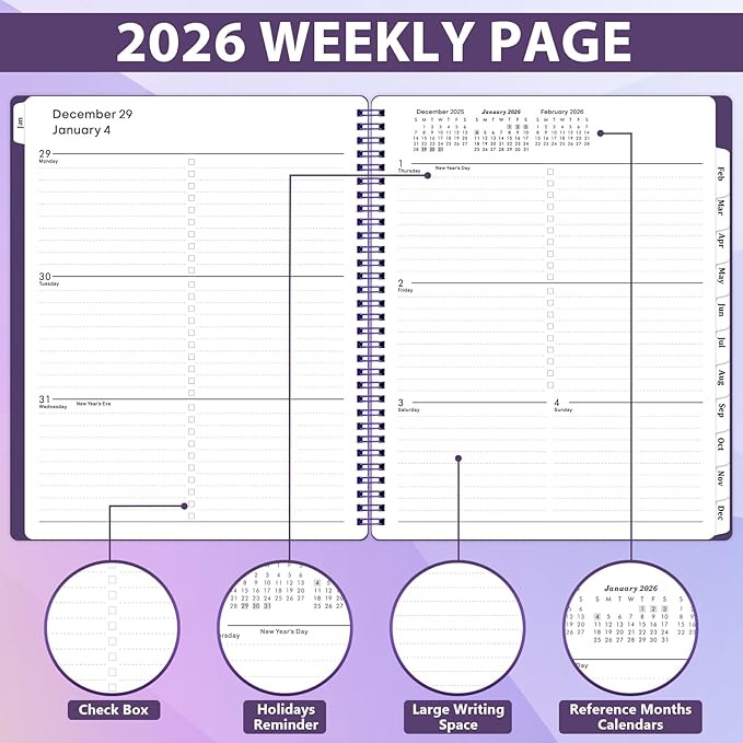 Planner 2026 - Weekly & Monthly 2026 Planner with Printed Tabs, Jan. 2026 - Dec. 2026, 8" x 10", Flexible Cover, Twin-Wire Binding, Premium Paper, Perfect Oganizer - Purple