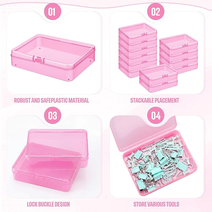 Dunzoom 25 Pcs Plastic Crayon Boxes with Lids, 4.53 x 3.35 x 1.1 Inches Stackable Small Storage Organizer Containers Crayon Pencil Case for Art Crafts Jewelry Beads Office Supplies(Pink)