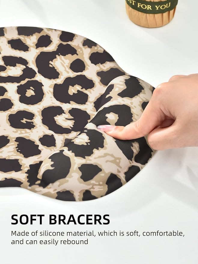 Leopard Mouse Pad Wrist Support Wrist Rest, Ergonomic Mouse Pad with Non-Slip Base for Office Gaming Working Computers,Desk Accessories Pain Relief Mouse Mat for Home&Game Decor, Light Brown