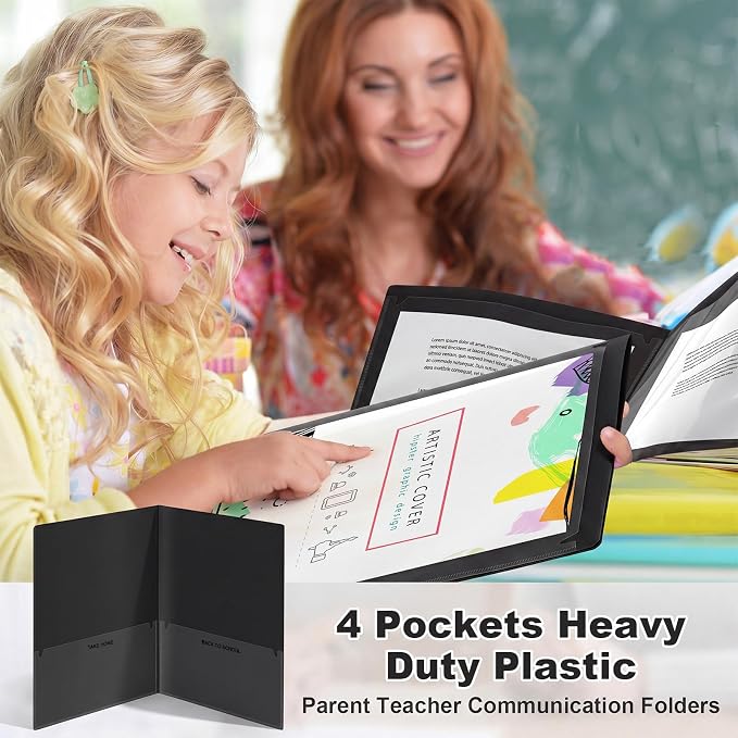 Henoyso 24 Pcs Take Home Folder Heavy Duty 2 Clear Front Pockets and 2 Inside Pockets Homework Folders for School Students Parent Teacher Classroom Communication (Black)
