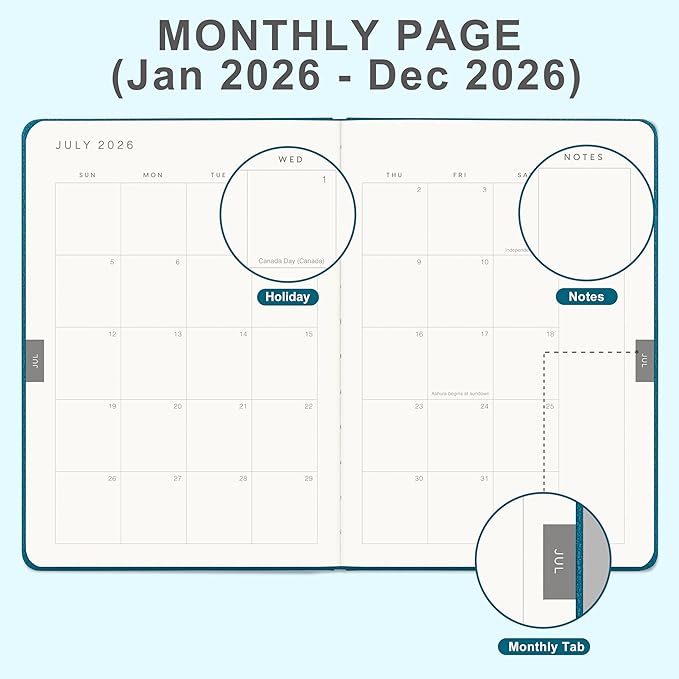 And Per Se 2026 Planner-Daily, Weekly & Monthly Leather Hardcover Planner, 5.7" x 8", Daily Schedule, 100 GSM Thick Paper, Back Pocket(Dark Turquoise)