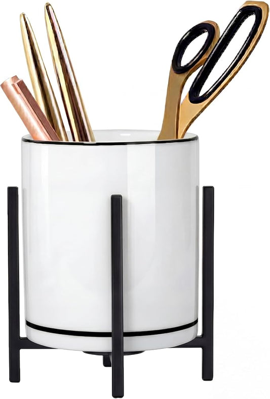 Ceramic Pencil Cup for Desk, White and Black Pen Holder for Desk, Desktop Makeup Brush Holder, Black Ceramic Pencil Holder