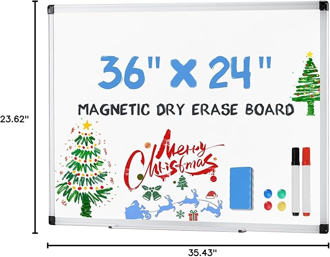 DUMOS Magnetic Whiteboard Kit for Wall 36" x 24", Dry Erase Board with 1 Dry Eraser & 2 Multicolor Markers & 4 Magnetic Pins, Sliver Reinforced Aluminum Frame for Home, School, Office