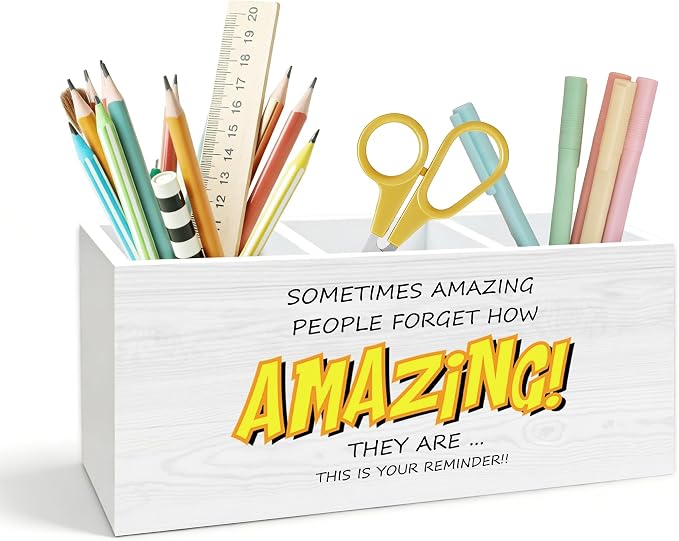 Motivational Pen Holder for Desk, You Are Amazing Inspirational Gifts for Women Men Coworkers Wooden Box Pencil Pen Holder Organizer for Home Office Desk Accessories
