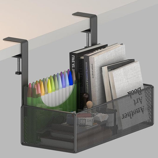 orbixa Under Desk Storage Organizer Clamp-On,Mesh Metal 3-IN-1 Desk side storage - Use on desk,under table or as a hanging wall organizer for office supplies & home& school essentials (black color)