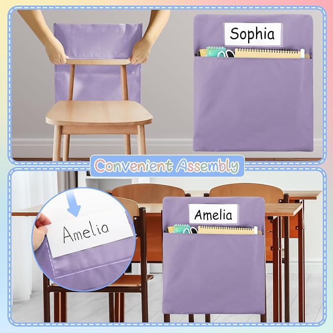 gisgfim 12 Pcs Chair Pockets for Classroom 17 x 20 Inch s with Name Tag for Classroom Chairback Pouch Bag Organizer for Student Elementary School Daycare Supply (Pastel)