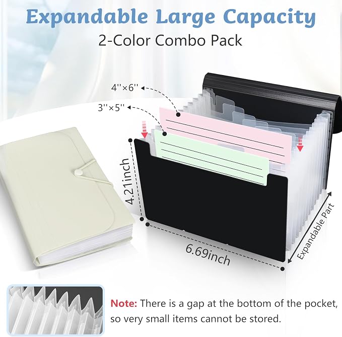 2 Pack 4x6 Inch Index Card Holder Organizer Box 3x5 Inch Flash Note Card File Box Recipe Storage Case with 13+13 Expandable Pocket and Label Sticker Large Capacity Coupon Receipt Organizer Book