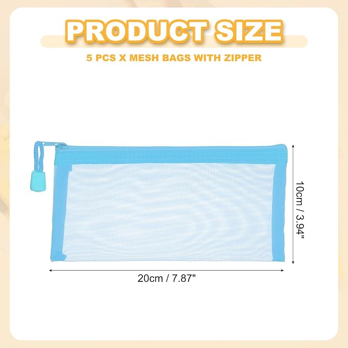 PATIKIL A6 Mesh Zipper Pouch Bags, 5 PCS Mesh Bags with Zipper Plastic Storage Pocket for Organizing File Beads Office Home Supplies, 10x20cm, Sky Blue