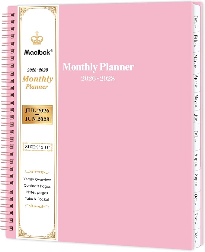 2026-2028 Monthly Planner - July 2026 - June 2028, 9" x 11", 2 Year Planner, Spiral Bound, Pink Cardboard Cover