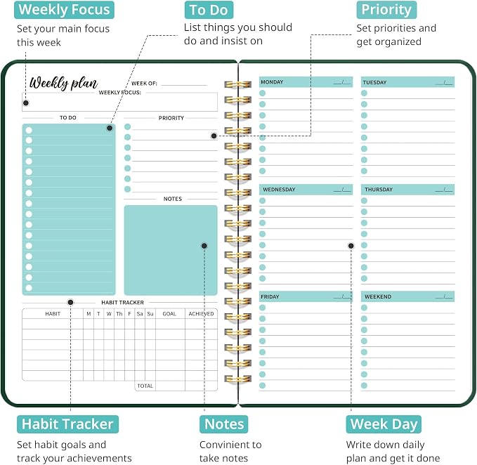 Taja Undated Weekly Planner, Weekly To Do List Notebook with Goal & Habit Tracker Organizer, A5 Weekly Planner Notebook with Spiral Binding, 6.1" x 8.2" - Dark Green