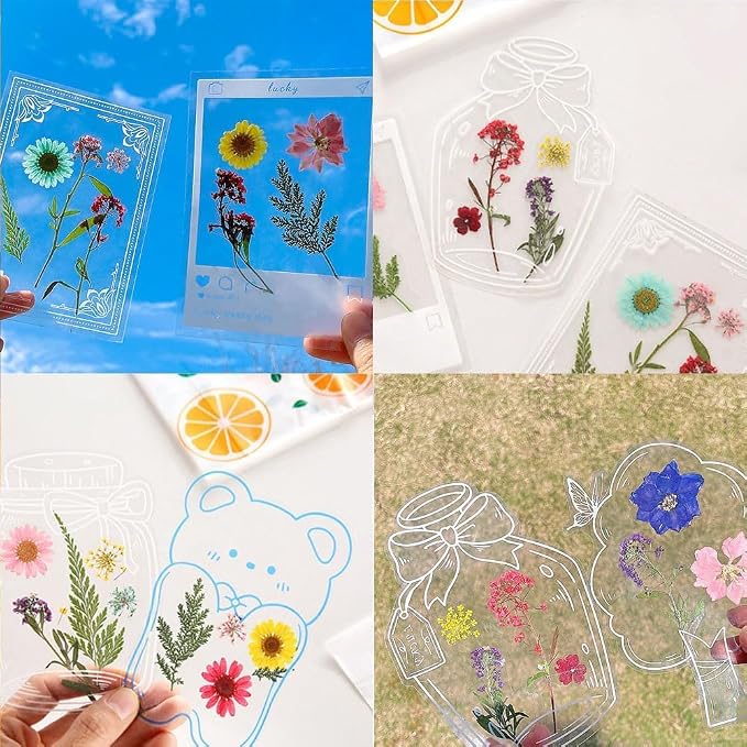 YCOSAN 62 Pcs Dried Flower Bookmark Kit, DIY Transparent Thousand Flower Bookmarks, Handmade Clear Bookmark Page