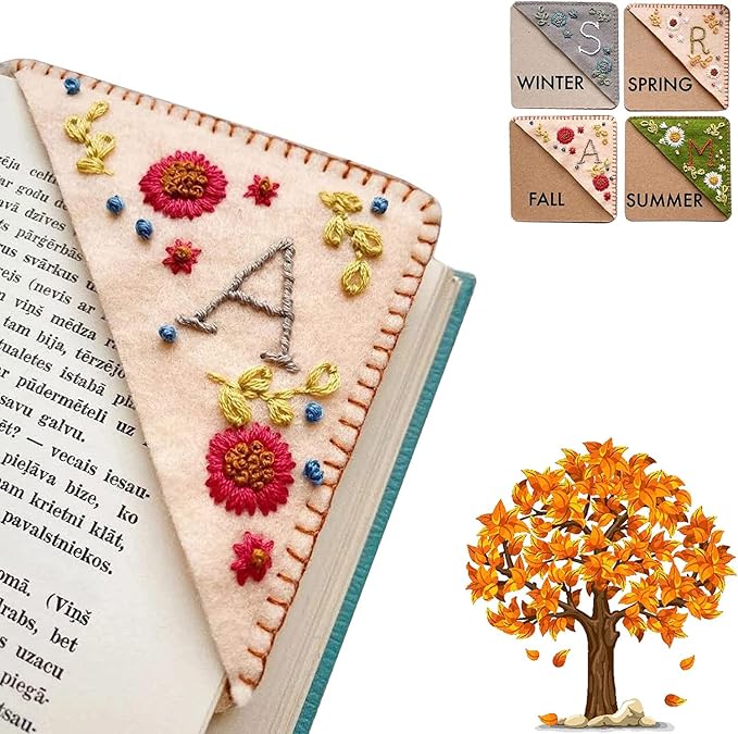 Personalized Hand Embroidered Corner Bookmark, 26 Letters Cute Flower Embroidered Corner Bookmark Embroidery Book Marker Clip for Book Lovers Bookmarks for Reading Lovers Meaningful GIF (Fall, Z)